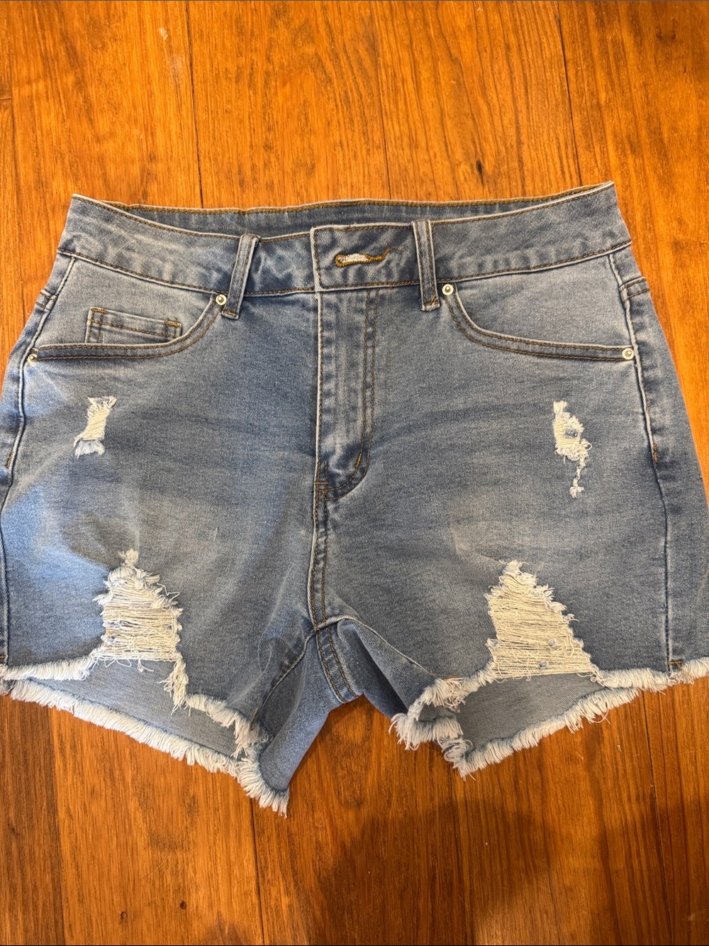 Classic Distressed High-Rise Denim Shorts - Light Blue